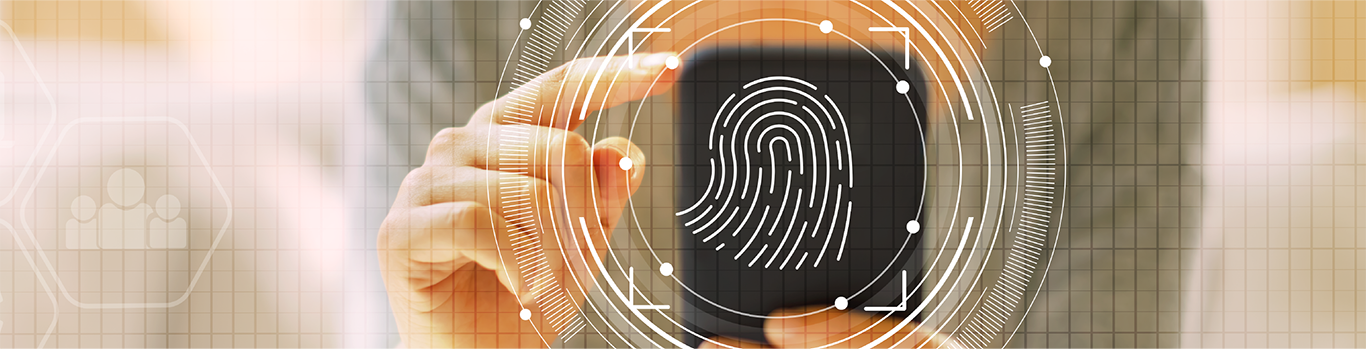 a hand pointing to a fingerprint graphic depicting biometric features on a smartphone
