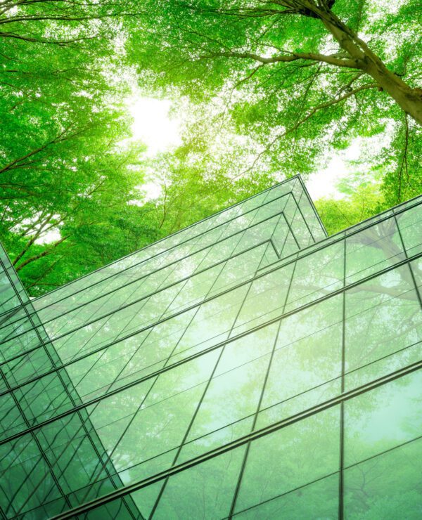 Eco-friendly building in the modern city. Sustainable glass office building with tree for reducing heat and carbon dioxide. Office building with green environment. Corporate building reduce CO2.